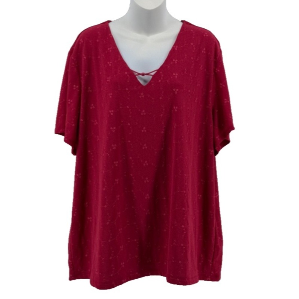 Avenue Blouse Womens 26/28 Red Eyelet Boho V Neck Short Sleeve Plus Top